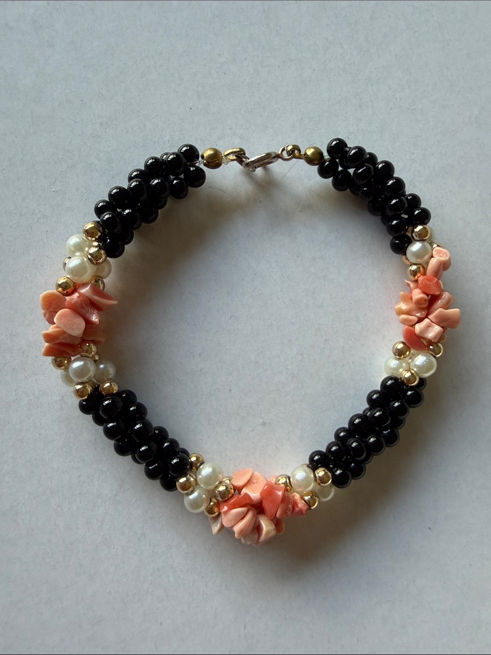BOGO Handcrafted Black Bead Bracelet with Peach Shell & Pearl Accents